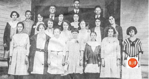 Central School in 1923 – Central School was between Martin Cross Roads and Lanford. Show are, 1st Row; Eula Gregory, Gretchen West, Virginia Garrett, Lynette Cox, Myra Fox, Nannie Harris, Miss Edith Smith (Teacher), 2nd Row: Myrtle Parson, Mildred Lanford, Mary Joe Parsons, 3rd Row: Eunice Clifton, Myrtile Pulley, Eula Osborne, Viola Harris, Annie Lou Harris, Aline Stewart, 4th Row: Roy Garrett, Luther Riddle, Fitz Lanford, and Ezell Riddle (Courtesy of the GCO Hist. Society)