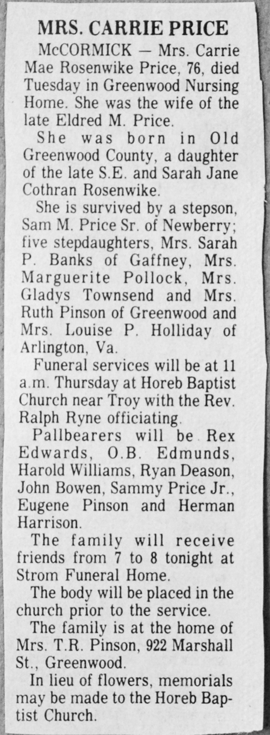 OBIT OF CARRIE R. PRICE
