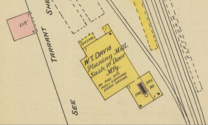 The early Newbery planing mill and sash company of W.T. Davis - 1889 Sanborn Map Diagram. How much of Davis's woodwork was manufactured here, and used in Cam Davis's buildings is unknown but perhaps a great deal.