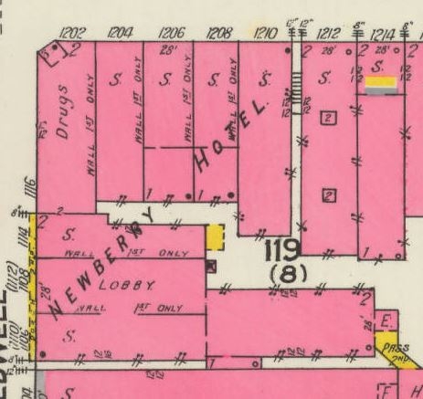 Sanborn map image of the old hotel corner – 1923.