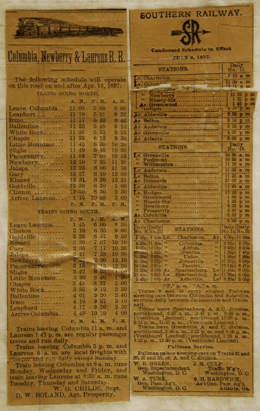 Train schedule from 1897 for the Columbia, Newberry and Laurens Railroad. Courtesy of the Bedenbaugh Collection.