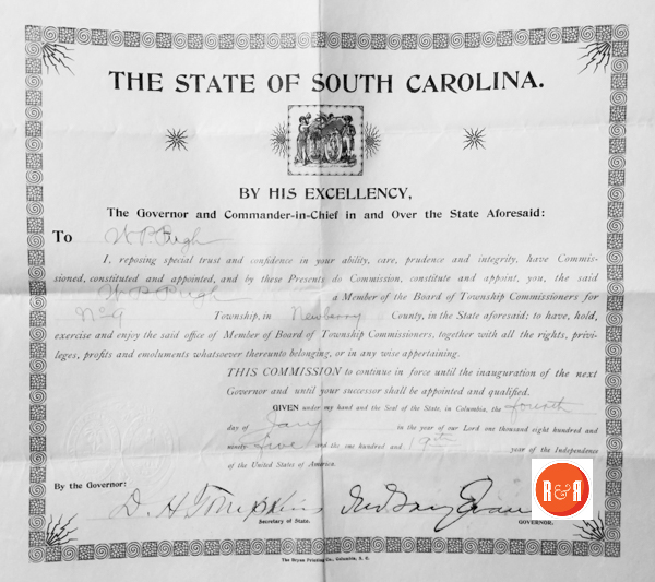 This is a signed commission from the Governor of South Carolina commissioning W P Pugh as a member of the Board of Township Commissioners for Township No. 9 in Newberry County.