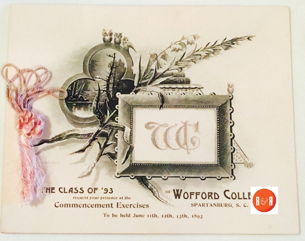 Wofford College graduate invitationof 1893 for G.T. Pugh of Prosperity, S.C.