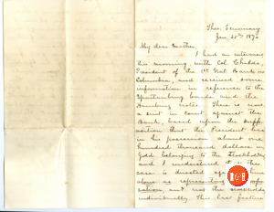 Letter from J.S. White to his mother in Rock Hill, S.C., Mrs. Ann H. White concerning the First National Bank of Columbia and more....1870