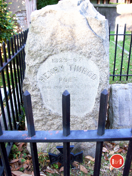 Grave of poet, Mr. Henry Timrod.  Image courtesy of Ann L. Helms - 2018