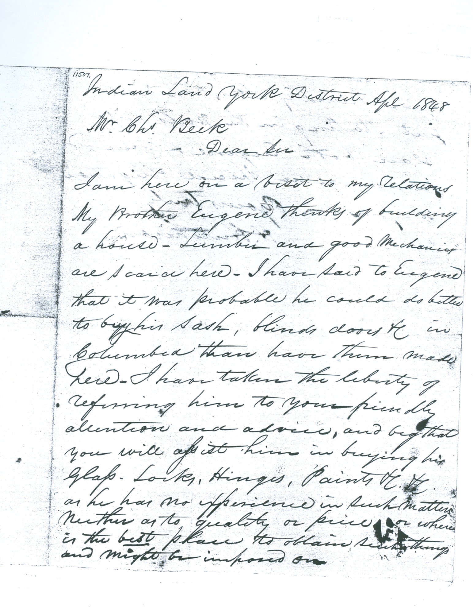 Letter written to Columbia contractor - mechanic, Charles Beck by Hiram Hutchison on behalf of his brother looking for a skilled mechanic. Courtesy of the White Family Collection, 2008