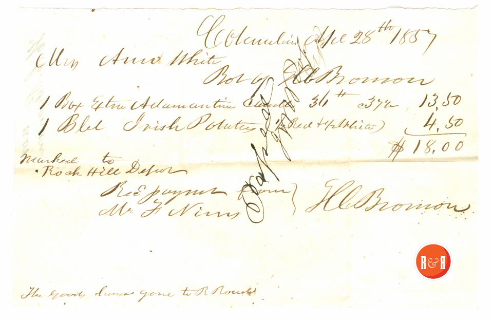 Purchase of goods in Columbia and shipped to Rock Hill - 1857