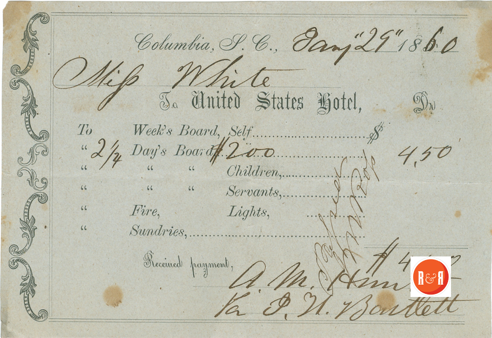 Receipt for lodging at the United States Hotel in Columbia, S.C. -1860