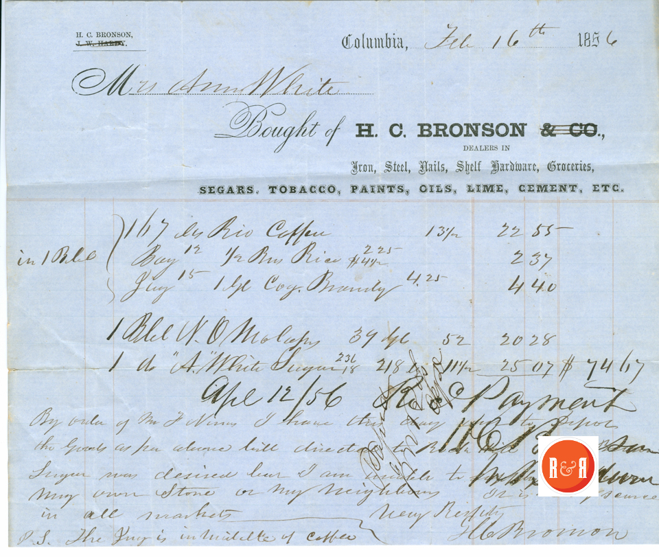 Ann H. White buys goods in Columbia, S.C. - 1856 - Courtesy of the White Collection/HRH 2008