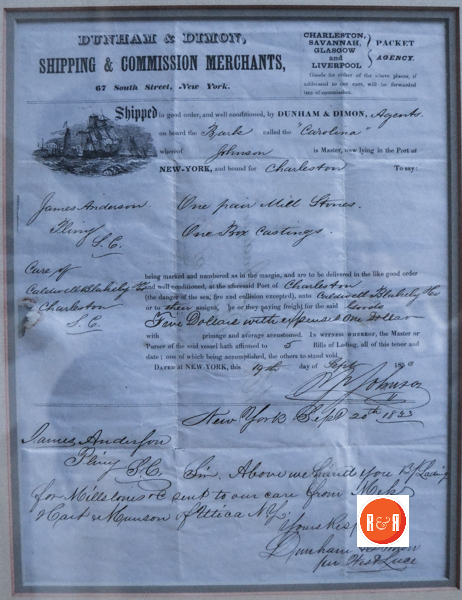 Shipping statement dated Sept. 19, 1853 for one pair of millstones and castings to James Anderson at Pliny, S.C. from Dunham & Dimon of N.Y. via their agent Caldwell Blakely in Charleston S.C.