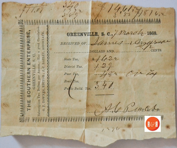 Tax bill for 1868. Courtesy of the Douglas Collection – 2015
