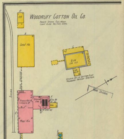 1904 Sanborn Map diagram of the Woodruff Cotton Oil Mill - pictured above.