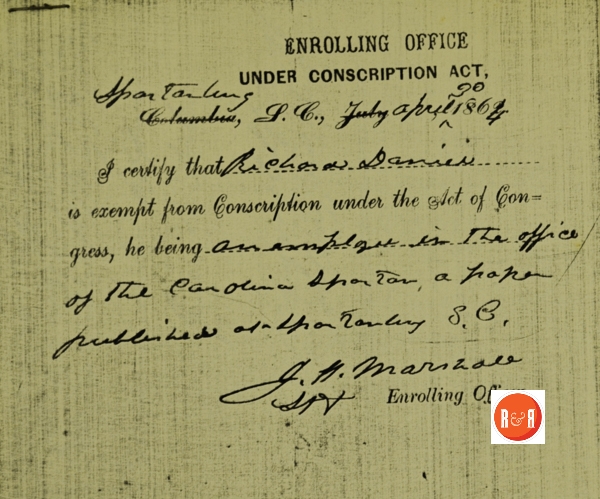 Richard Daniel was excempt from Confederate conscription because he worked in the local newspaper office. Courtesy of the Coleman – Meek Collection