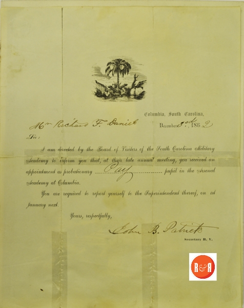 Appointment of R. F. Daniel to the S.C . Military Academy in Columbia, S.C.
