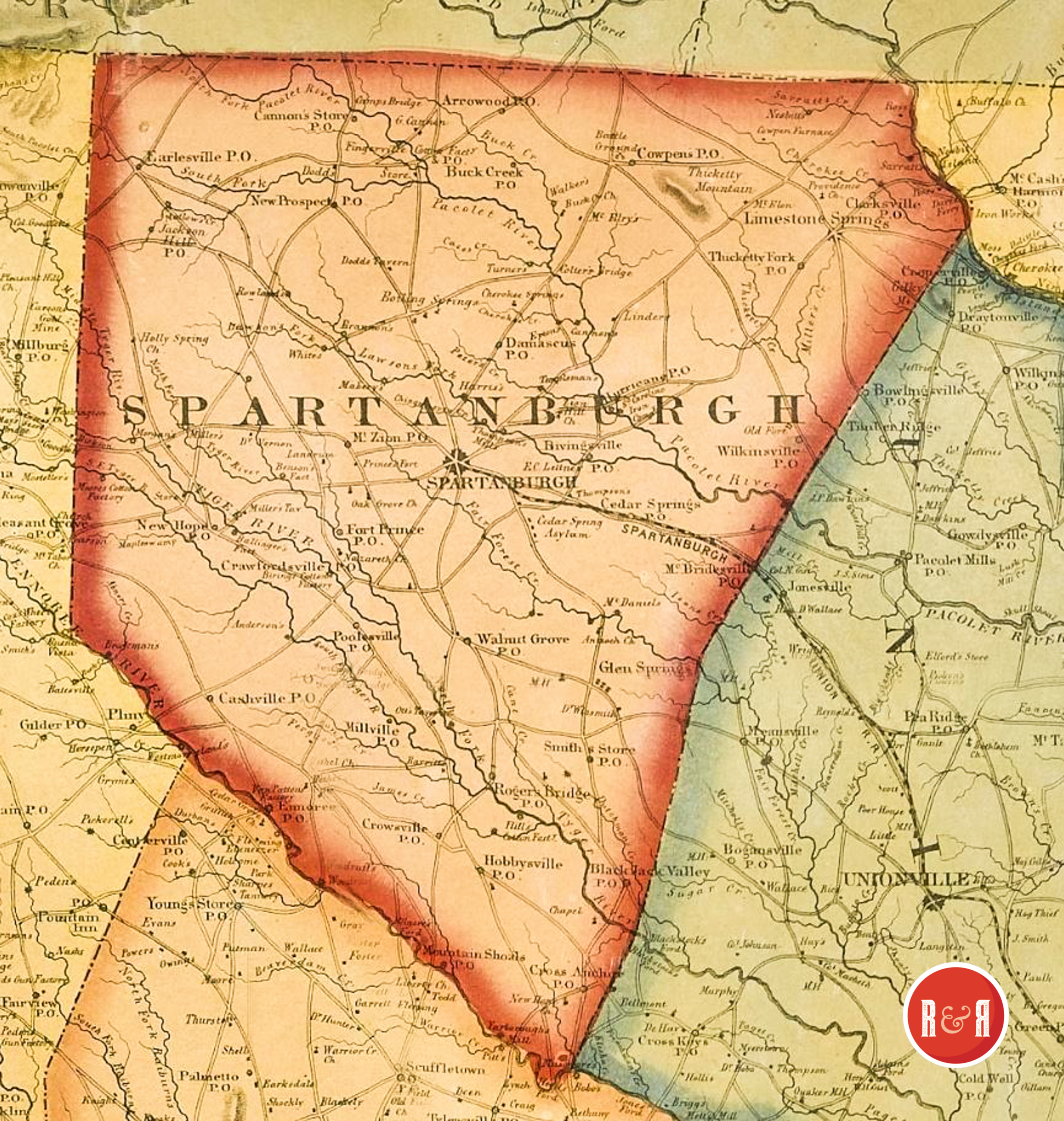 COLTON'S 1854 MAP OF SPARTANBURG COUNTY - ENLARGEMENT
