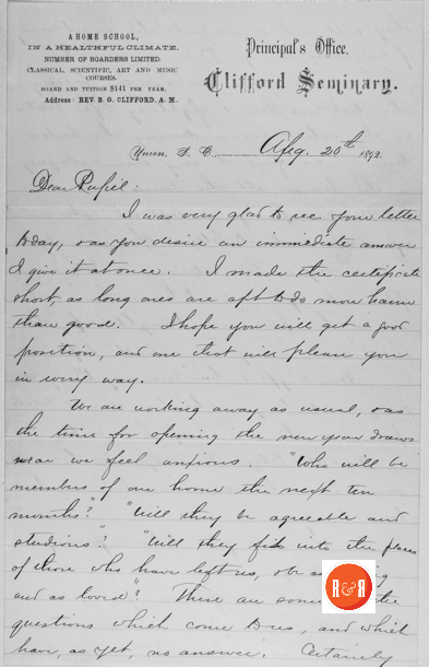 Letter to the Osborne family in Chester Co., S.C. from the Clifford Seminary dated 1892. Courtesy of the Osborne - Powell Collection, 2014