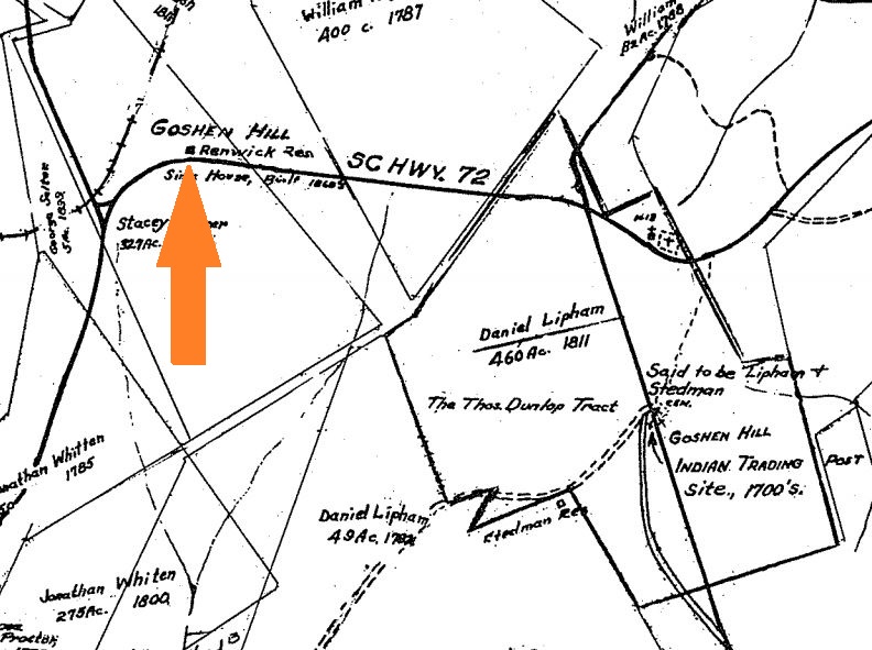 Arrow showing the location of the Renwick's house ruins at Goshen PO - This is however, not Orange Hall Plantation (please see enlargeable map - this page.)