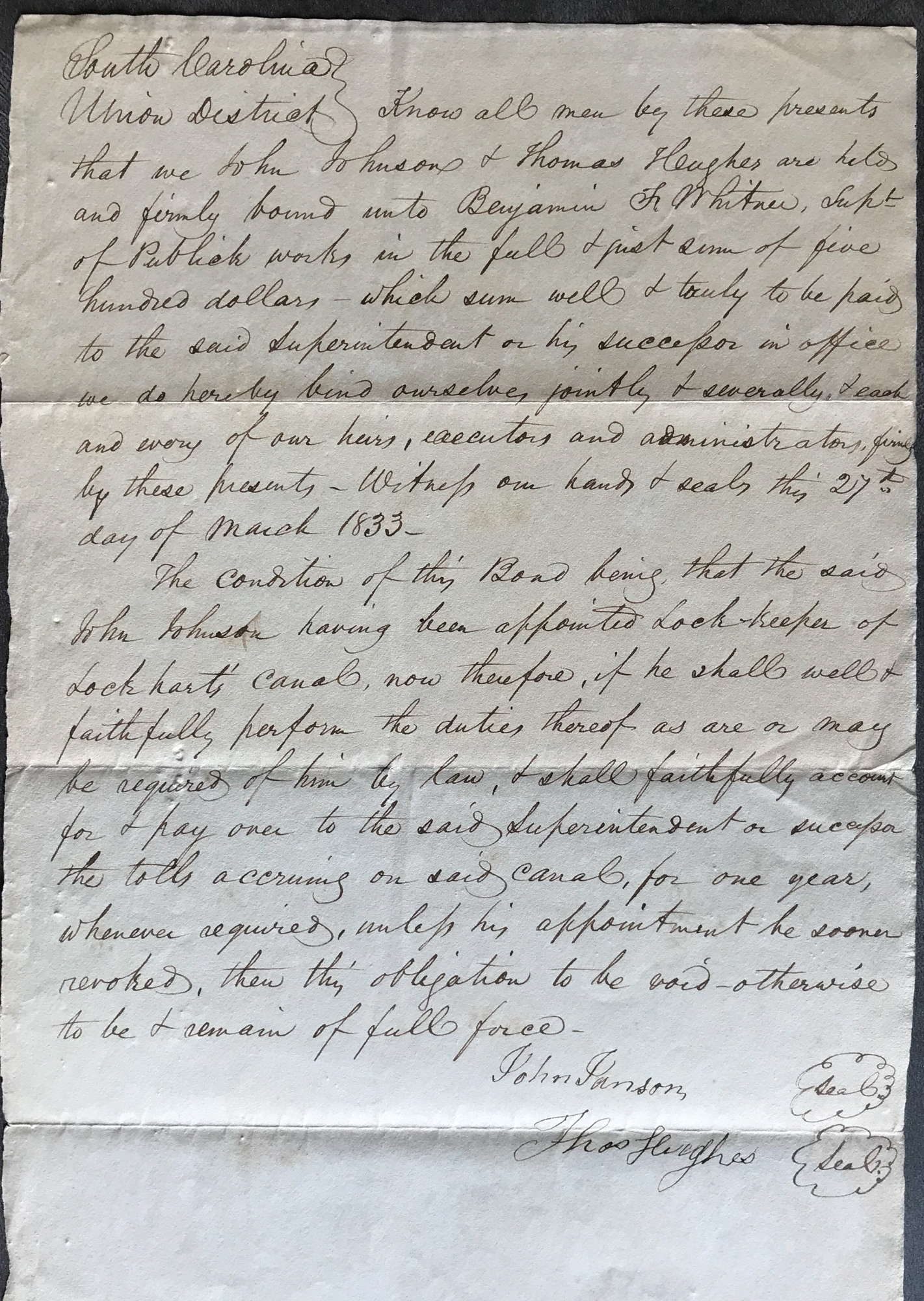1833 CONTRACT FOR OPERATING THE LOCKHART CANAL