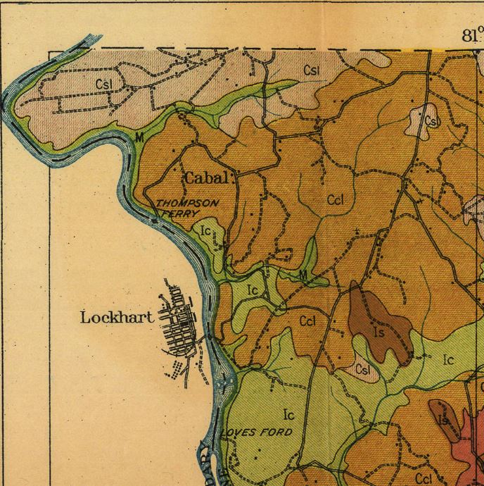 1912 Soil map of Chester County showing the town of Lockhart and the river crossings associated with the community.