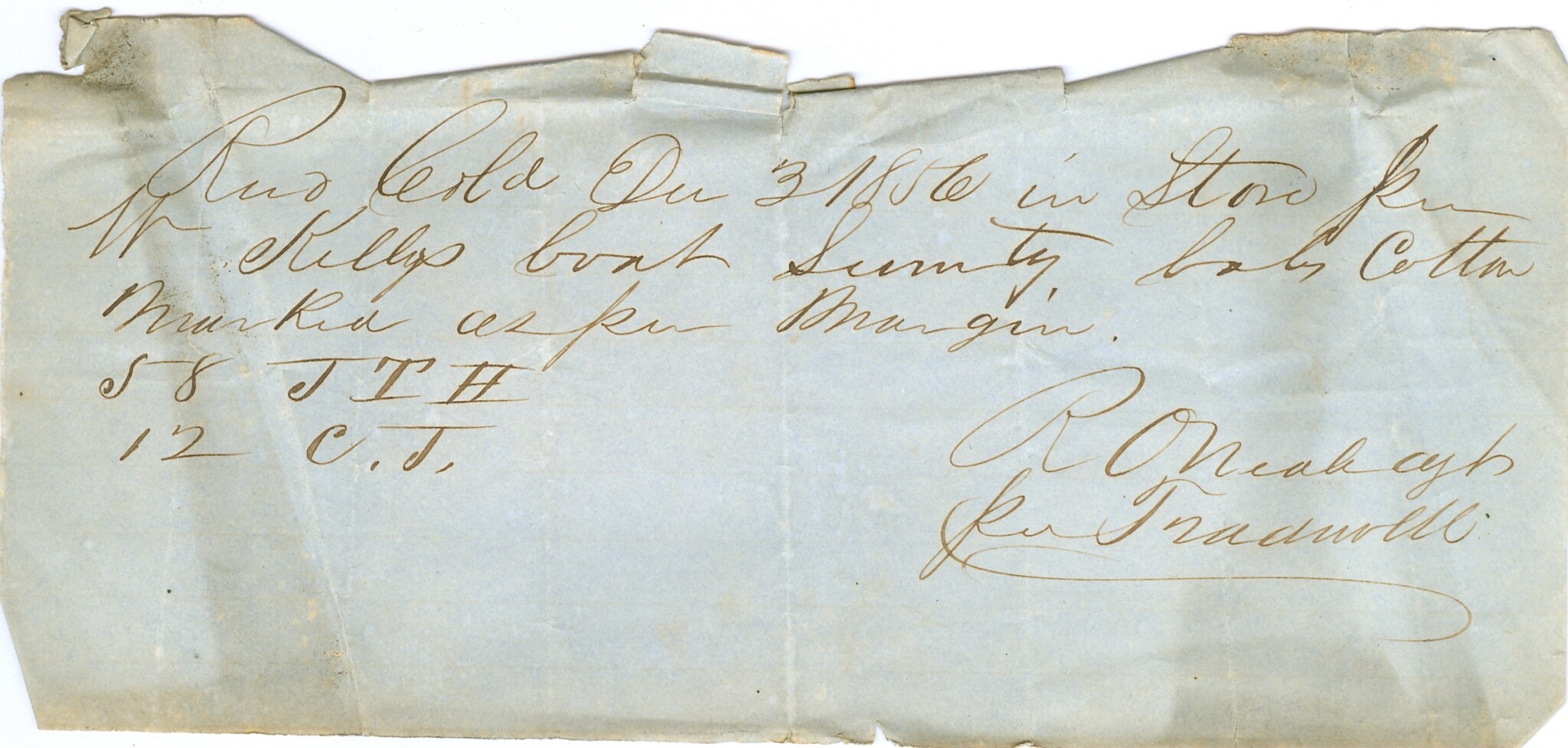 O'Neale - Kelly 1856 (JTH and CJ) - Initials on cotton bales delivered by Wm. Kelly to Columbia, S.C.