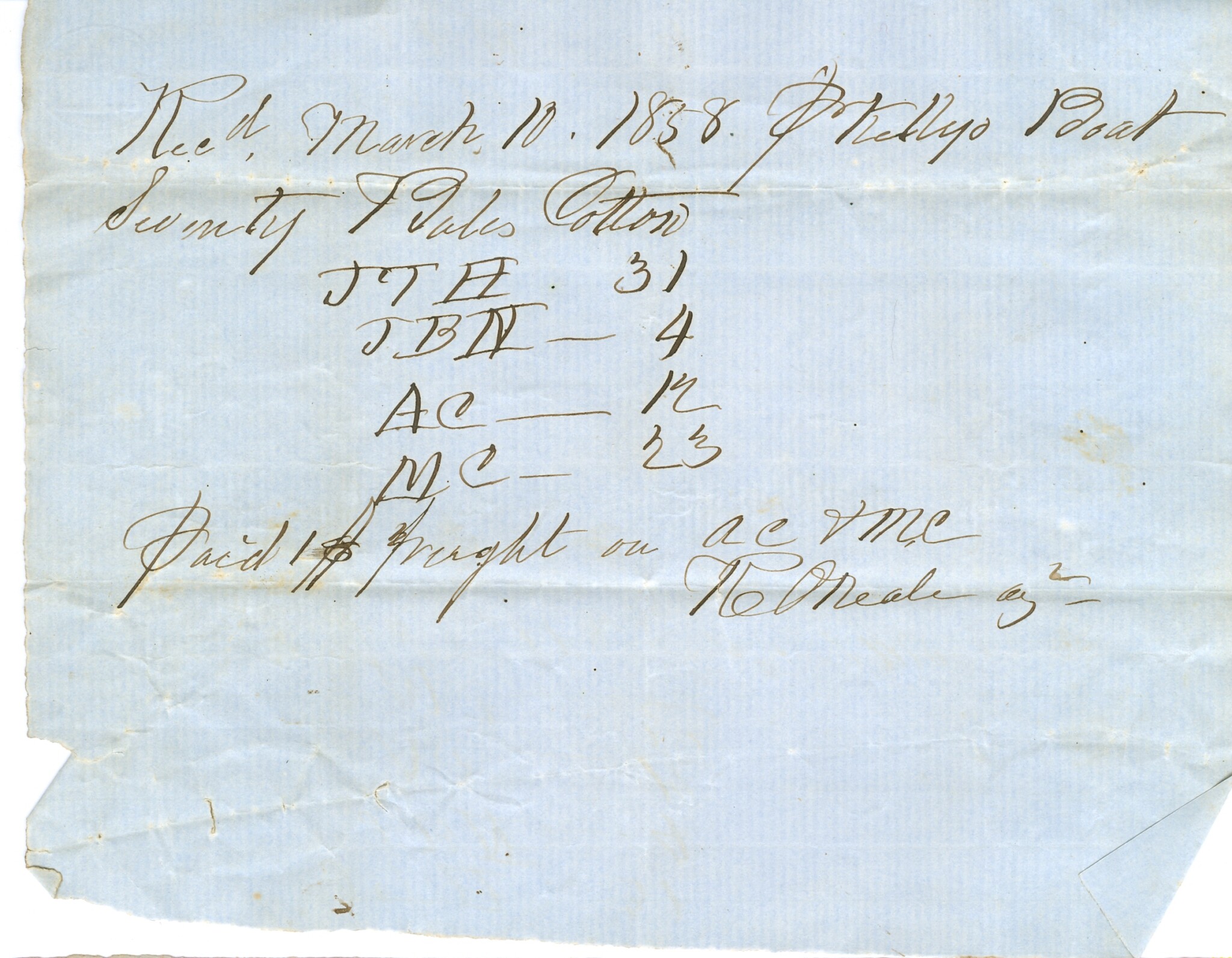 O'Neale - Kelly 1858 (JTH, JBN, AC, MC) Initials on cotton bales delivered by Wm. Kelly to Columbia, S.C.