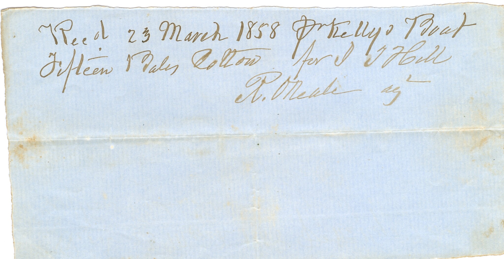 Document related to Columbia, S.C. broker O'Neale & boatman Mr. Wm. Kelly 1858 (J.T. Hill, JTH)