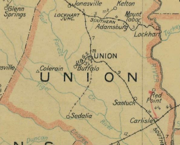 1917 Postal Map showing the large number of streams in the area, making the Gist Plantation and others in this region highly susceptible to erosion., resulting in deep gullies throughout much of Union and Laurens Counties.