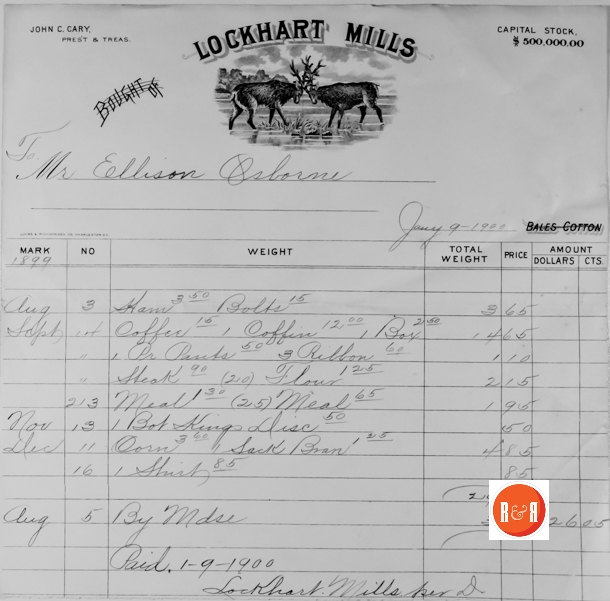 Lockhart Mills receipt. Courtesy of the Osborne – Powell Collection, 2014