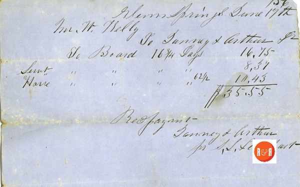 An 1856 note from Glenn Springs for board. Courtesy of the Wm. Kelly Collection – R&R LLC