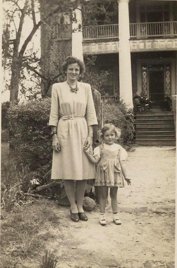 Sarah Elizabeth Meador McLemore and Sarah McLemore Floyd (young girl), at her grandmother Meador's home near Union Co, SC in ca., 1941.  (Sarah Elizabeth Meador McLemore, named for her two grandmothers. Sarah Ann Elizabeth Hawkins Meador first wife of Meredith Brown Meador and mother to William Daniel Hawkins Meador father to Sarah Elizabeth and for Sarah Woods Meador second wife of James Beldon Atkinson mother to Emily Eugenia Atkinson Meador mother of Sarah Elizabeth. The last family member to own Meador is Lea Duncan Meador Weed who now lives in Winnsboro.  Her father Douglas Meador next to last child of Meredith Brown Meador is the person who who did an extensive renovation and added the two wings. When Lea sold the house and some of the acreage to Joanna and William Chisholm, they completed even more work.