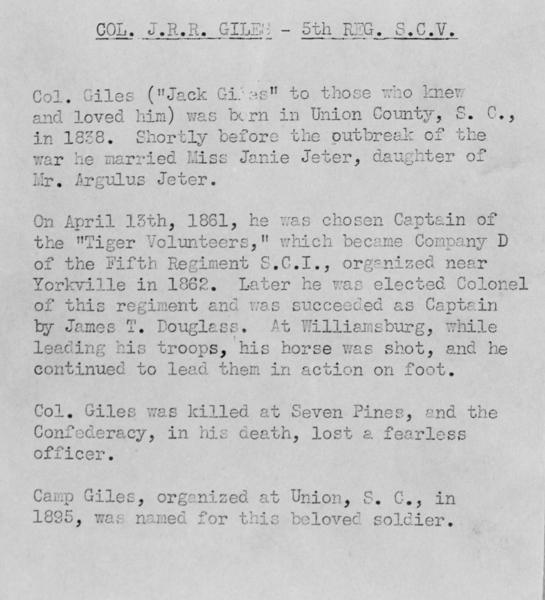 Brief history of Col. J.R.R. Giles of Union Co., S.C. posted on the rear of the above image. Much of which appears incorrect!