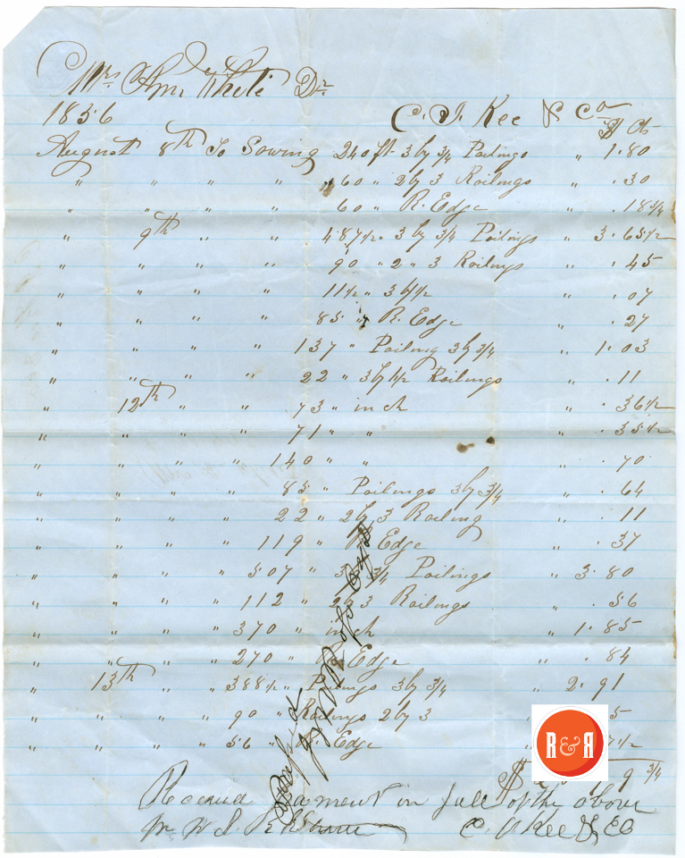 C.J. Key's Bill to Ann H. White for Building Materials/ Lumber - 1856 - Courtesy of the White Collection/HRH 2008