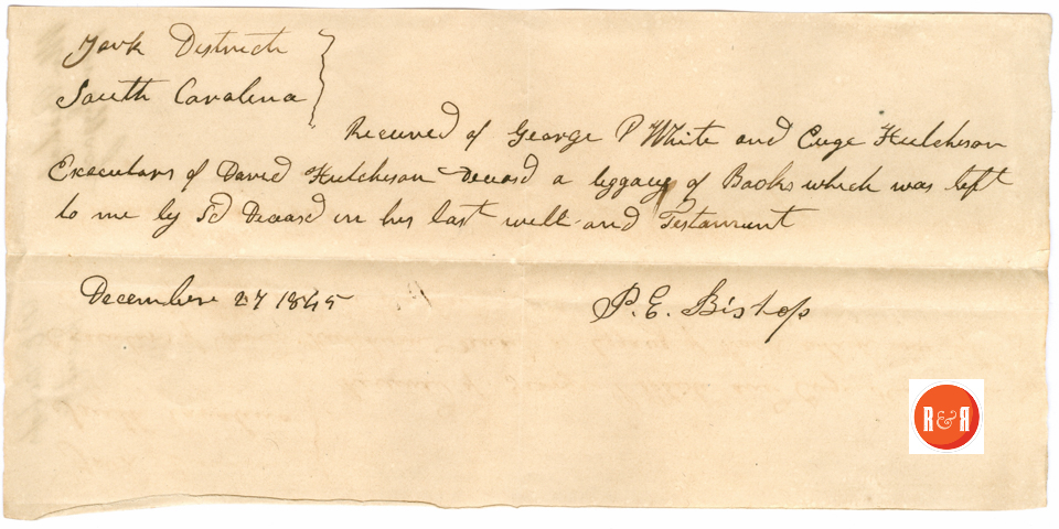 REV. P.E. BISHOP RECEIPT FOR BOOKS VIA THE D. HUTCHISON ESTATE - 1845