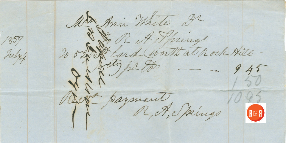ANN H. WHITE BUYS LARD FROM R.A. SPRINGS - 1857 - Courtesy of the White Collection/HRH 2008