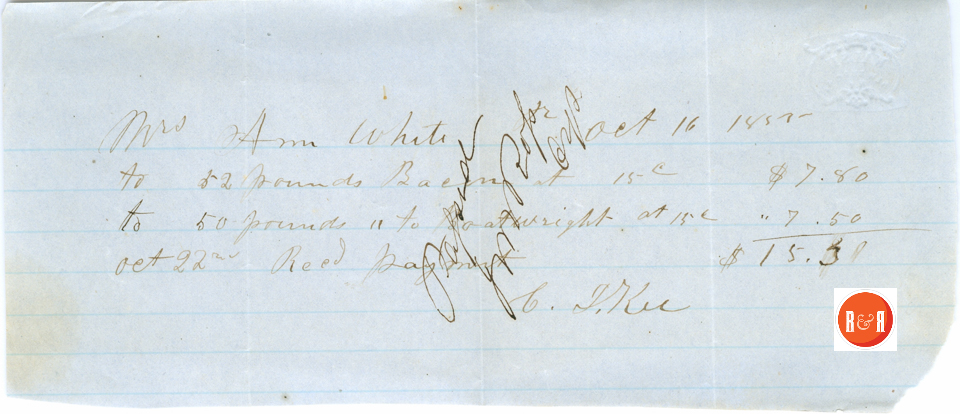 C.J. Kee (Key) sells bacon to Ann H. White - 1855 - Courtesy of the White Collection/HRH 2008