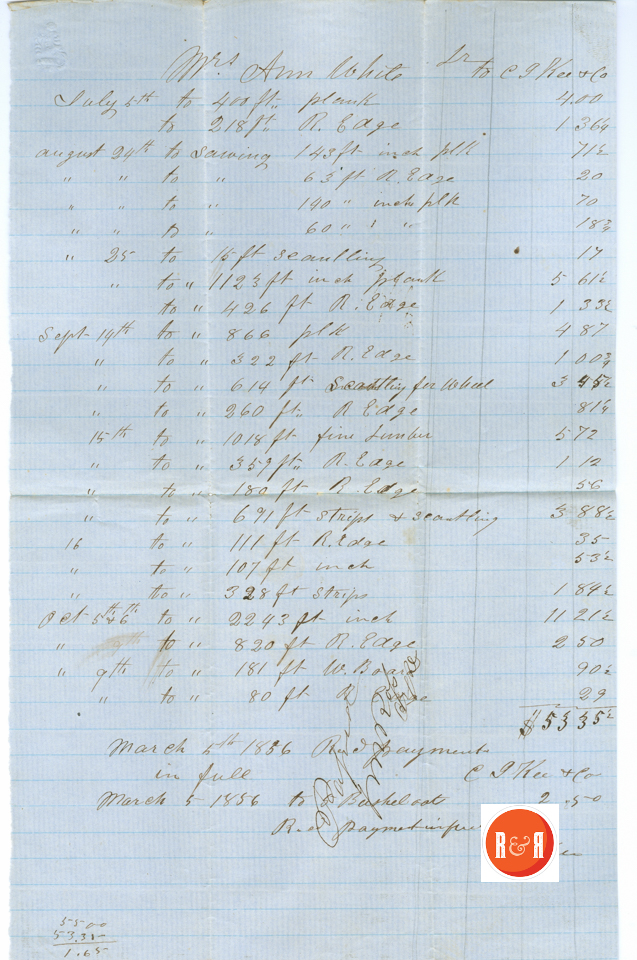 C.J. Key's Bill to Ann H. White for Building Materials / Lumber- 1855 - Courtesy of the White Collection/HRH 2008
