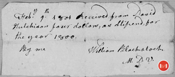 Note of payment to the Rev. Wm. Blackstock in the amount of $4.00 for services in 1800.
