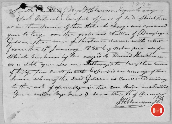 Note of Payment due David Hutchison via Dempsey Galden dated Jan. 4, 1835.  *** Mr. Galden's names appears on the client list of Fewell's Store, and otherwise has not been recorded.  Hutchison Group 2021