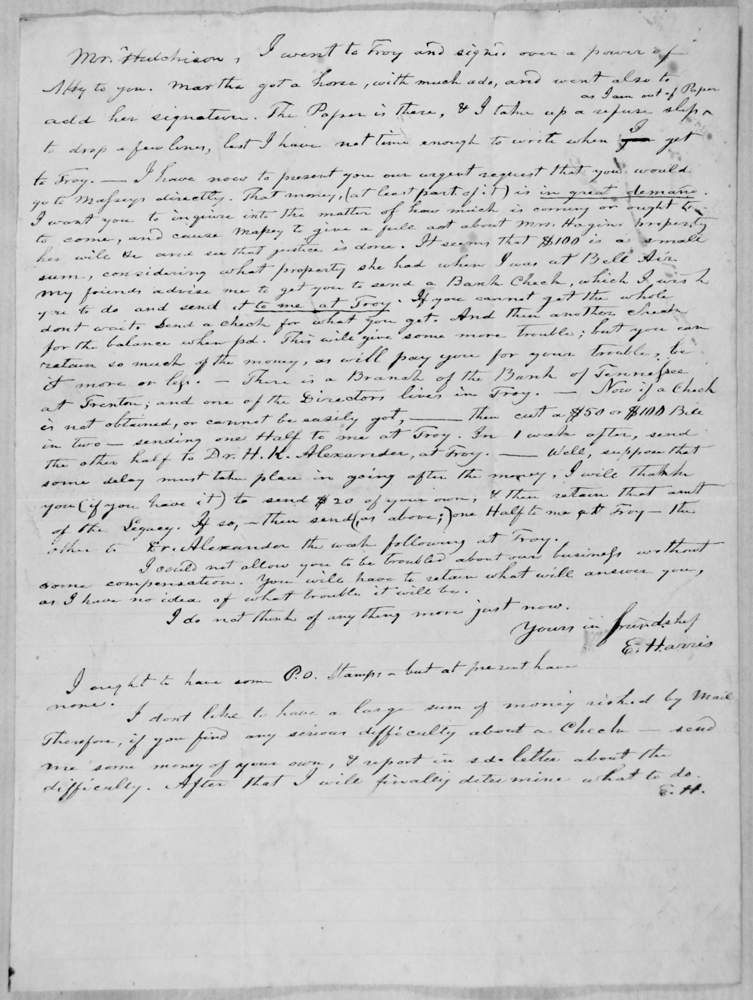 Letter dated July 1, 1854 from H. K. Alexander of Troy, Tennessee.  Rev. E. Harris requested him to write.  He mentions Mrs. Hart and Hugh Campbell.