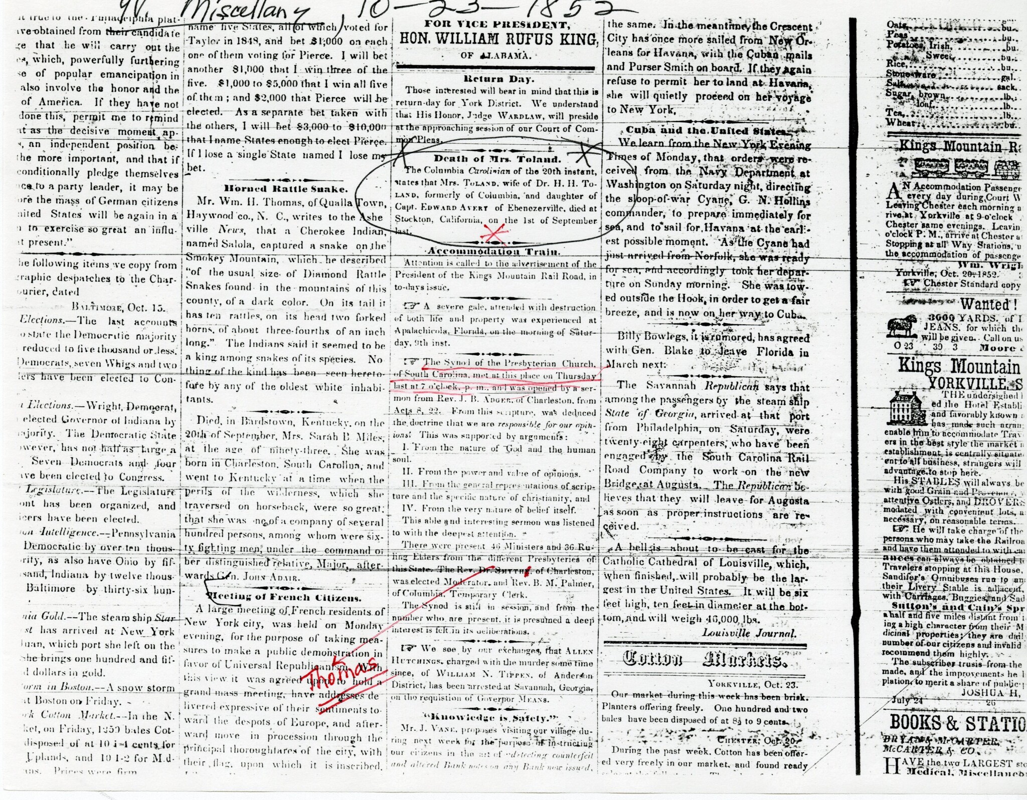 DEATH OF MRS. TOLAND IN CALF. - 1852
