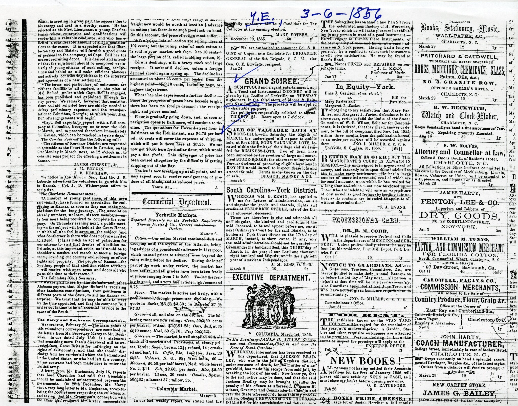 Sale of Rock Hill Lots by Roach and Massey - 1856