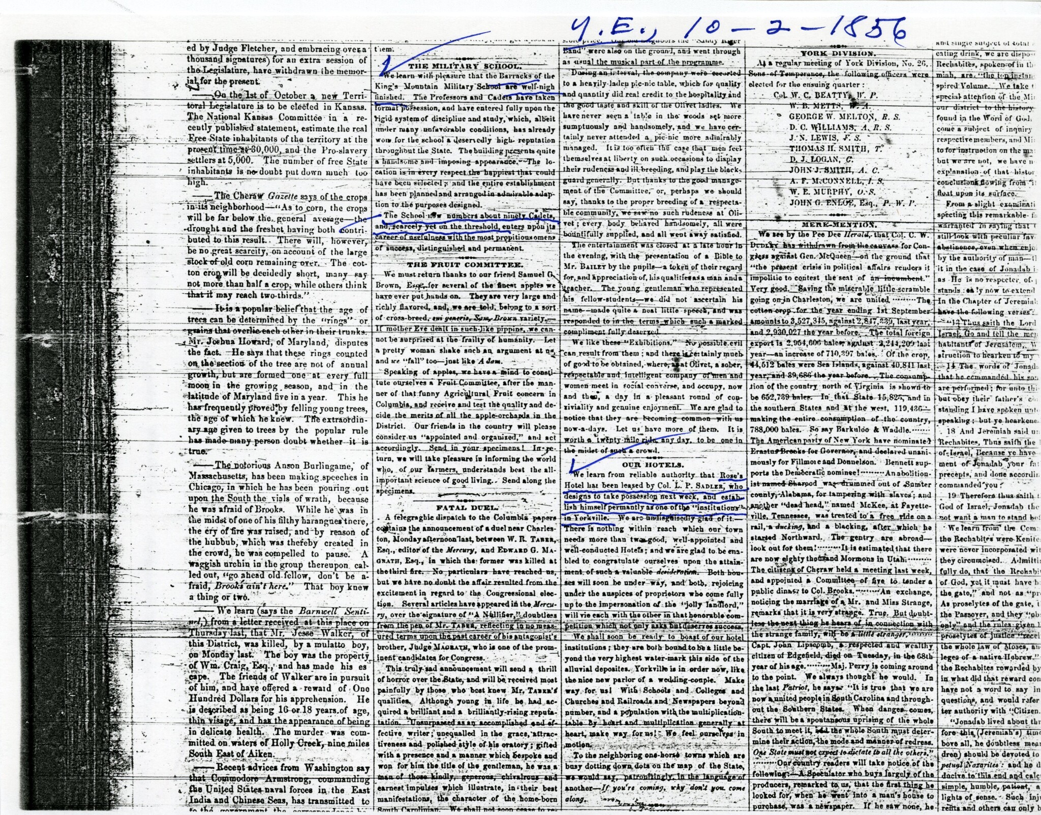 MR. L.P. SADLER LEASES THE ROSE'S HOTEL - 1856
