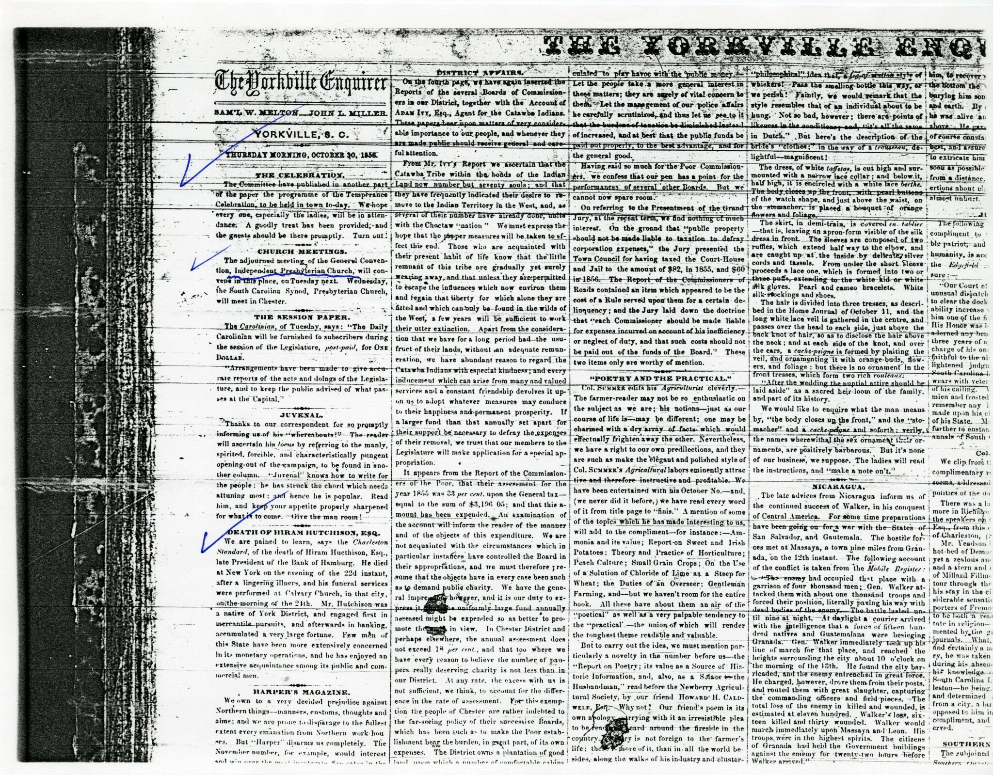 OBIT OF HIRAM HUTCHISON IN NEW YORK, 1856