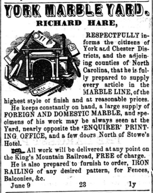 Advertisement from the Yorkville Enquirer in 1859 for the services of Richard Hare via York Marble Company.