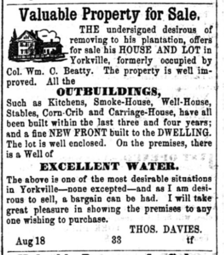 Advertisement for the sale of property belonging to Wm. C. Beaty in Yorkville, 1859.