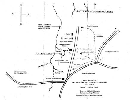 Map of the Battle of Huck’s Defeat adopted from Stinson’s map with improvement by Michael Scoggins [Courtesy of the CHM’s of York County]