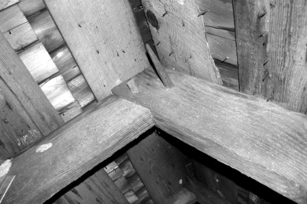 Pegged roof rafters from the early 19th century construction detail.