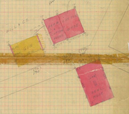 1934 Sanborn Map Drawing of the brick Hill’s store, gin house, and warehouses.