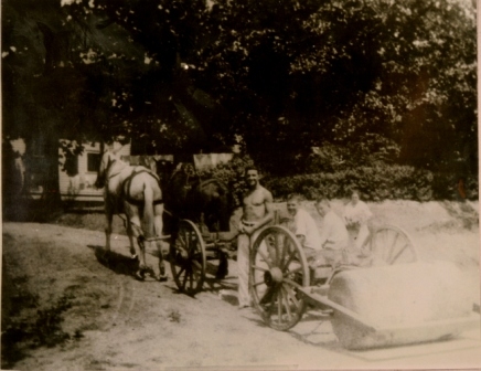 Packing of tennis court at Rainey home in Sharon, SC. Note the Rainey children are riding on the axel of the machine being pulled by horses.