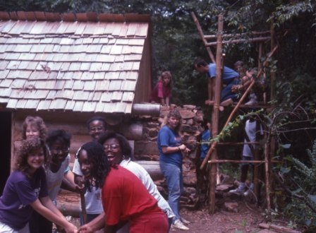 Construction of the Backwoodsman Cabin using student volunteers in the 1990’s.